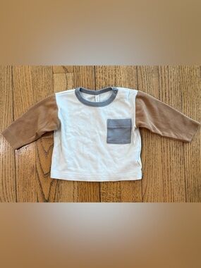Quincy Mae Cream Body Long-Sleeve Tee with Brown Sleeves & Gray Pocket 3-6 month
